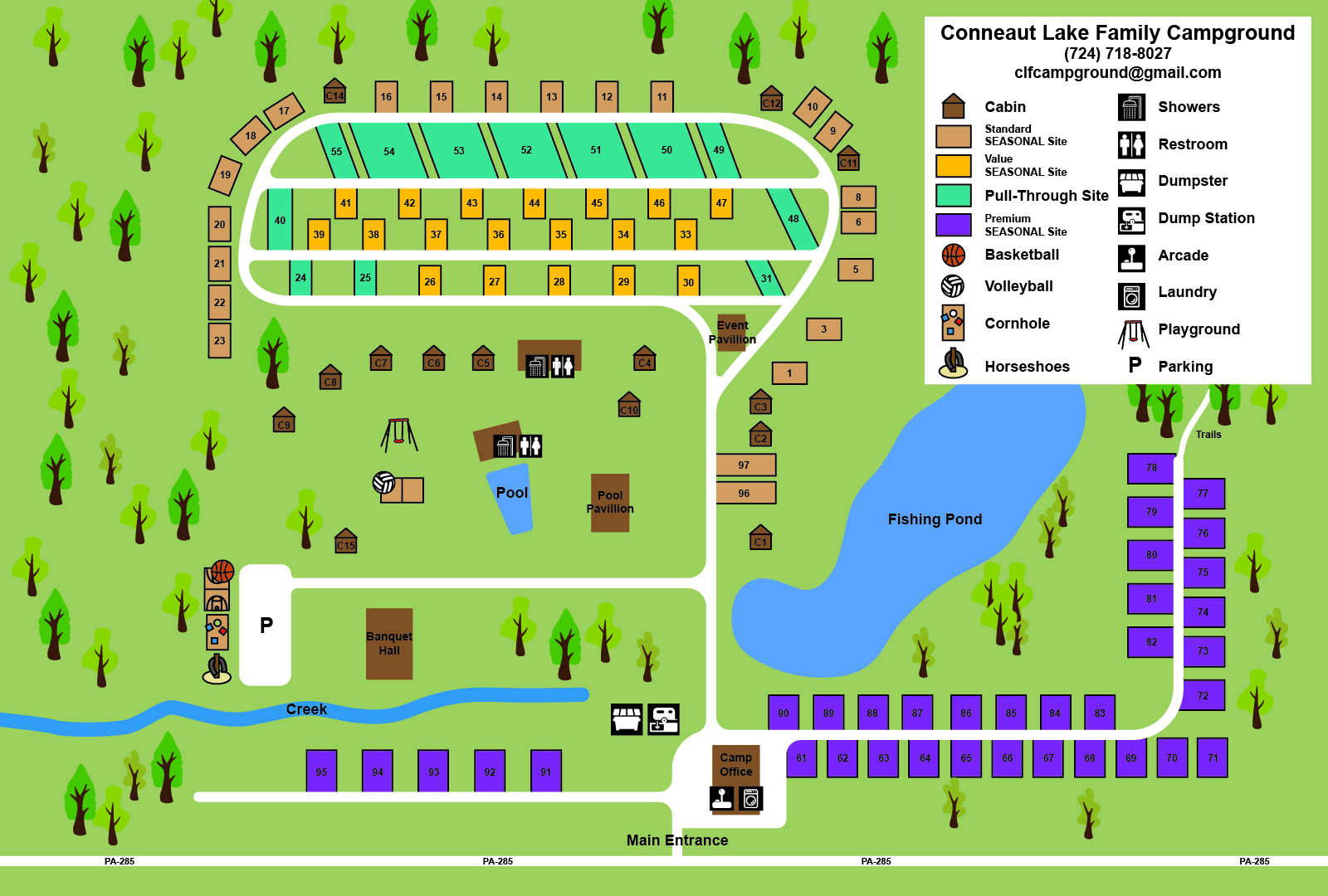 Map of Conneaut Lake Family Campground showing cabins, RV sites, tents, a pool, fishing pond, playgrounds, sports courts, restrooms, showers, arcade, laundry, parking, and main entrance along a creek.