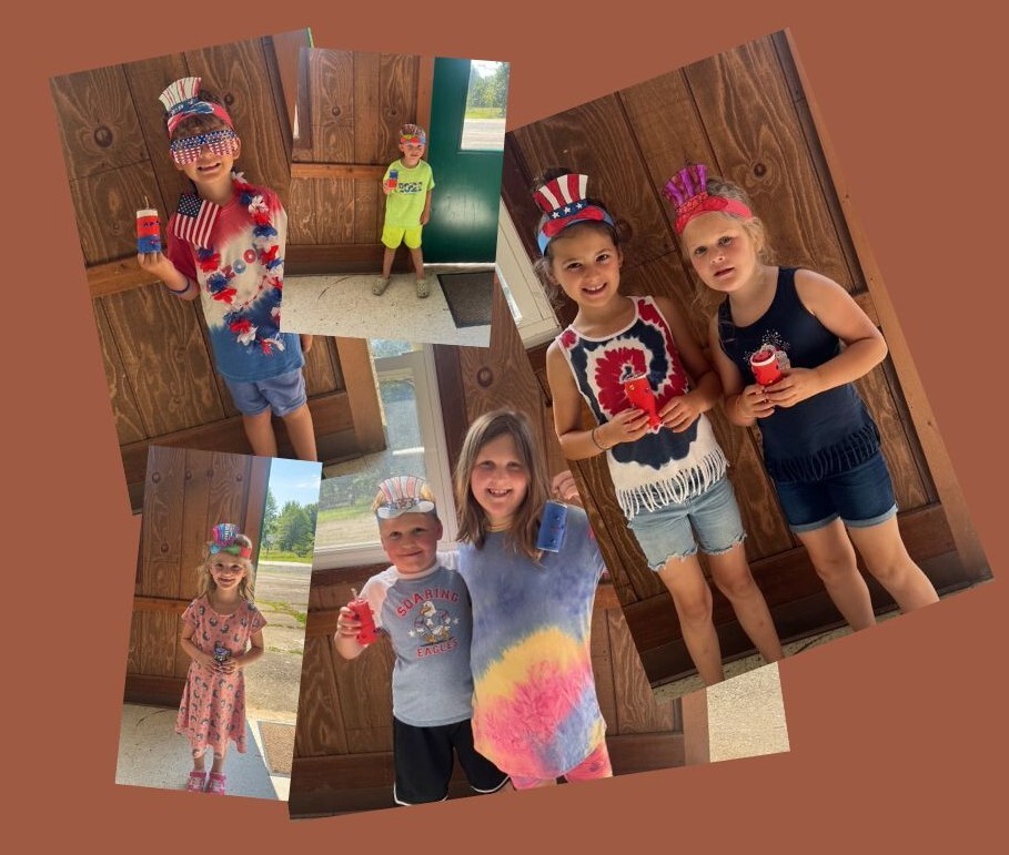 Five photos of children are arranged on a brown background. The kids wear colorful, patriotic outfits and handmade hats, holding festive crafts, and are smiling indoors and outdoors, celebrating a holiday or event.