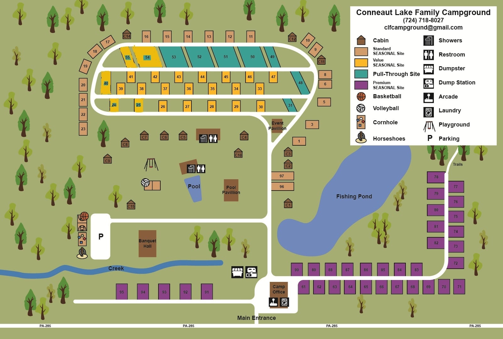 Illustrated campground map showing cabins, RV sites, tent sites, amenities like pool, restrooms, arcade, showers, playground, parking lot, and a large fishing pond, with labeled roads and wooded areas.